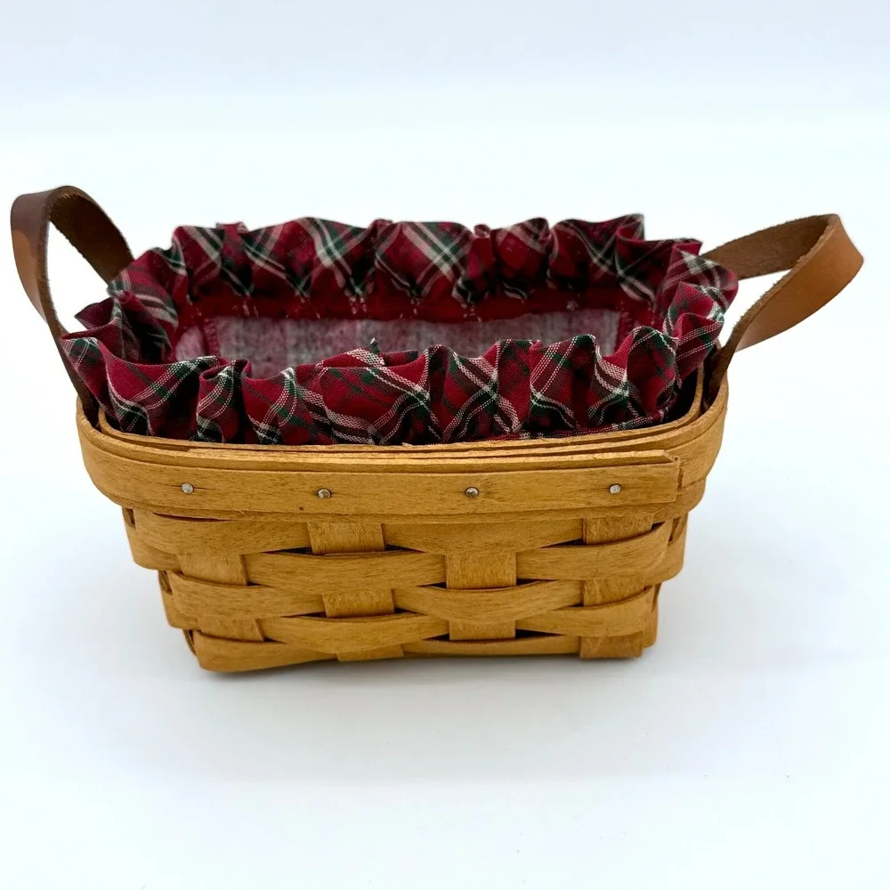 Longaberger 1994 Small Rectangular Basket w/ Leather Handles, Plaid Ruffled Line